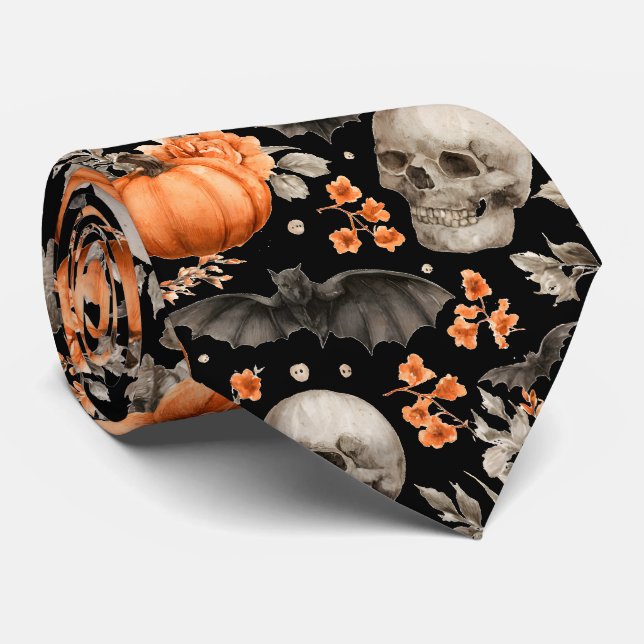 Halloween Skull Bats and Flowers Black Neck Tie (Rolled)