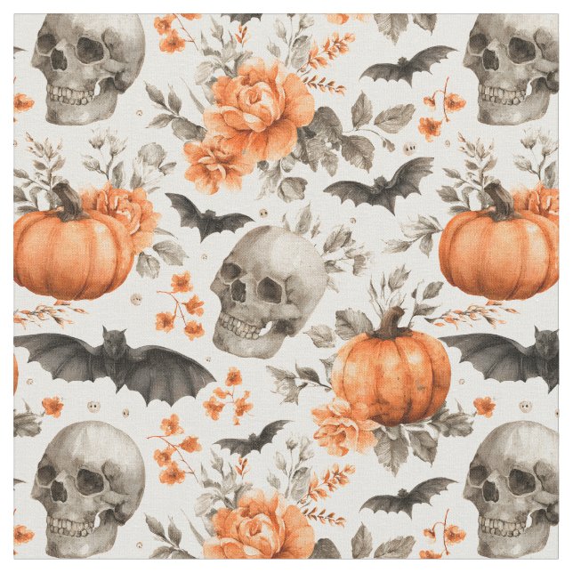 Halloween Skull Bats and Flowers Fabric (Close Up)