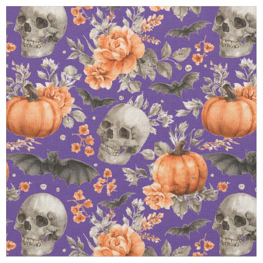 Halloween Skull Bats And Flowers Purple Fabric