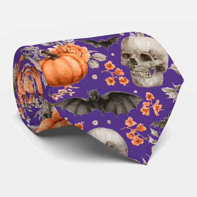 Halloween Skull Bats and Flowers Purple Neck Tie (Rolled)
