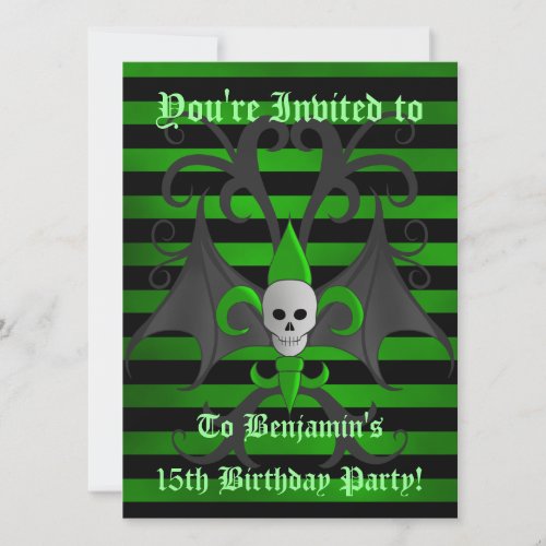 Cute punk goth skull green birthday party teen boy personalized invite