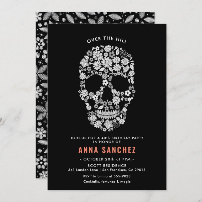 Halloween Skull Black Floral Birthday Invitation (Front/Back)