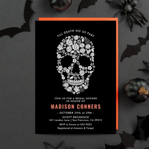 Halloween Skull Black Floral Bridal Shower Invitation