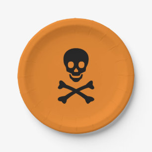 Halloween skull black orange spooky paper plates