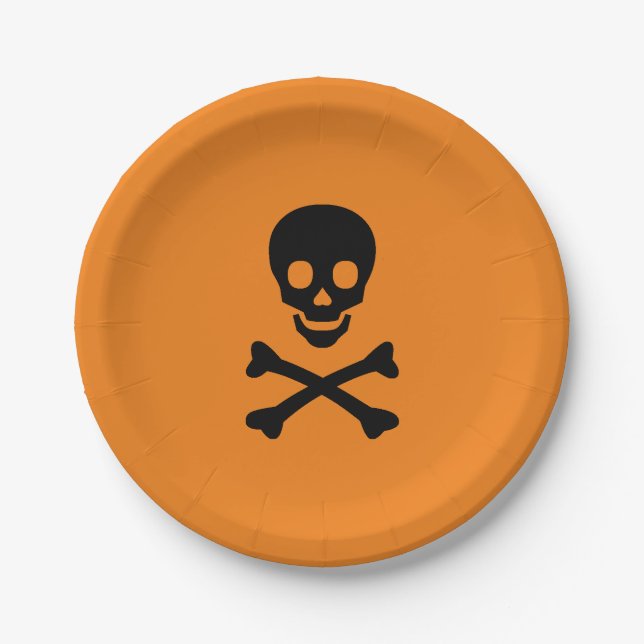 Halloween skull black orange spooky paper plates (Front)