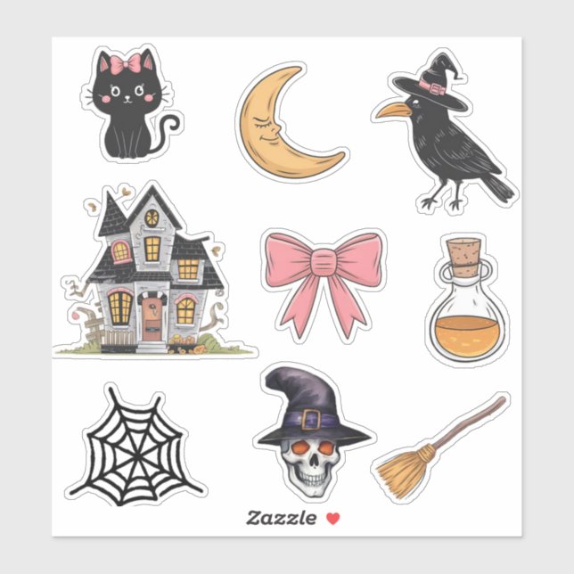 Halloween skull,cat,Moon,crow,haunted house, Pack  Sticker (Sheet)