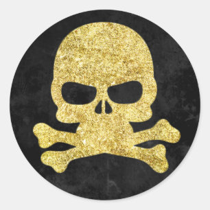 Halloween Skull & Cross Bones Gold Faux-Glitter Classic Round Sticker
