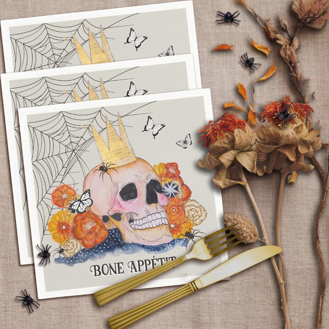 Halloween Skull Crown Butterfly Spider Dark Spooky Napkins (Spooky cottagecore Halloween skull and fall flowers original art by Malissa Melrose)