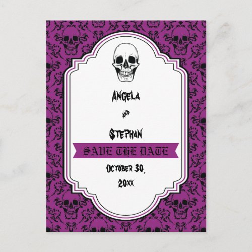 Halloween skull damask purple Gothic Save the Date Announcement Postcard
