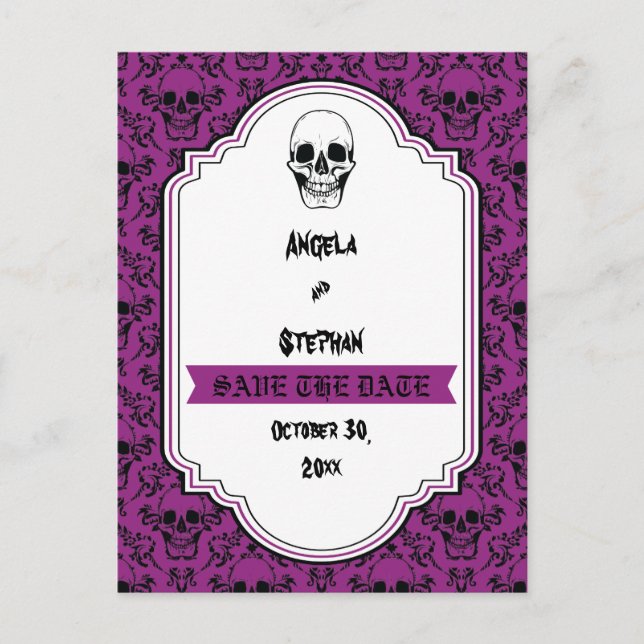 Halloween skull damask purple Gothic Save the Date Announcement Postcard (Front)