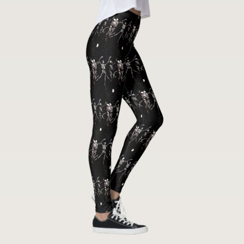 Halloween Skull Dancing Skeletons Black Happy Fun Leggings