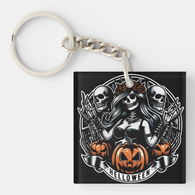Halloween Skull Gothic Girl Helloween Witch Keychain (Front)