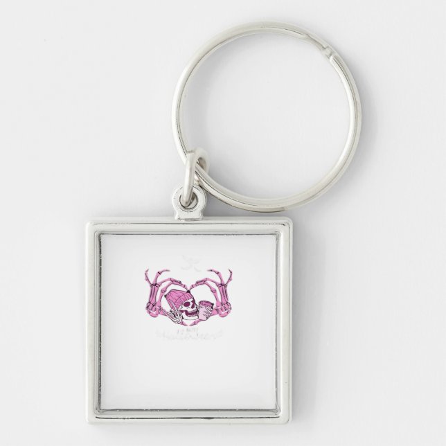 Halloween Skull Heart Hands Skeleton Beanie Design Keychain (Front)