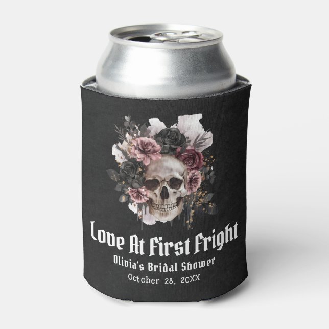 Halloween Skull Love At First Fright Bridal Shower Can Cooler (Can Front)