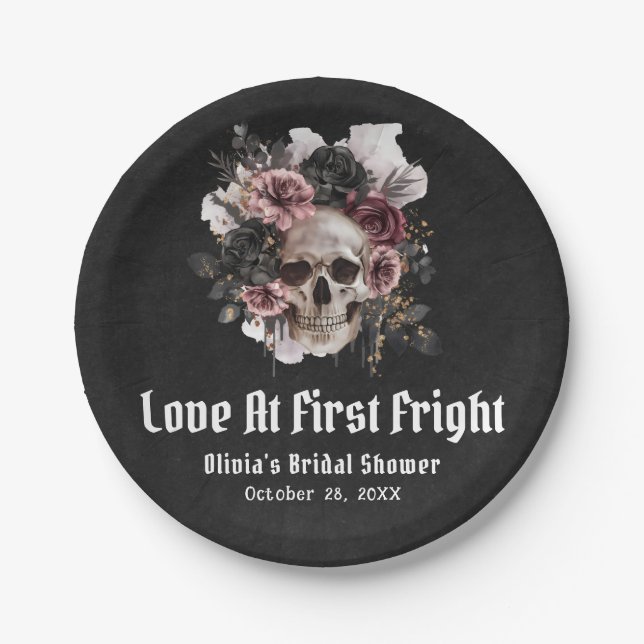 Halloween Skull Love At First Fright Bridal Shower Paper Plates (Front)