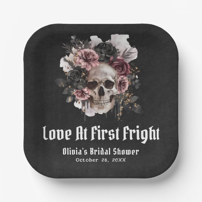Halloween Skull Love At First Fright Bridal Shower Paper Plates (Front)