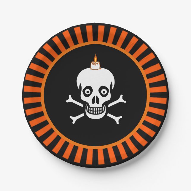 Halloween skull on black & orange paper plates (Front)