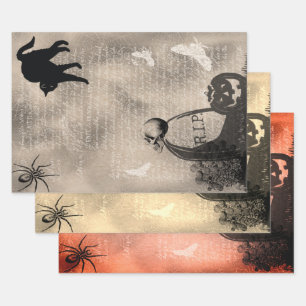 Halloween Skull On Tombstone and Black Cat Wrapping Paper Sheets