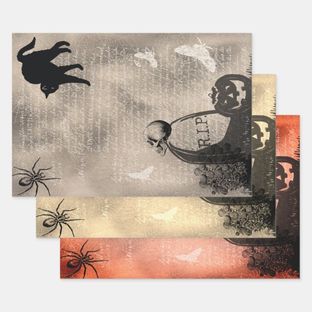 Halloween Skull On Tombstone and Black Cat Wrapping Paper Sheets (Set)
