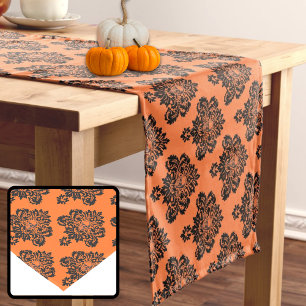 Halloween Skull Orange Black Gothic Damask Pattern Medium Table Runner