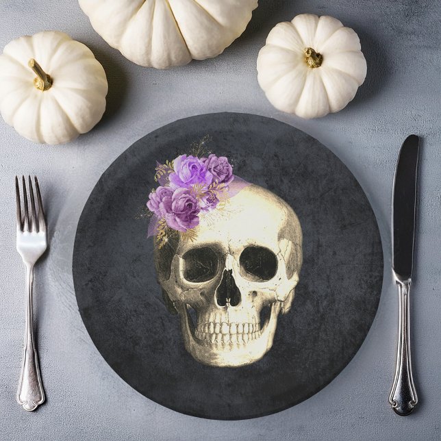 Halloween Skull Paper Plates (gothic skull purple roses plate gothic Halloween theme)