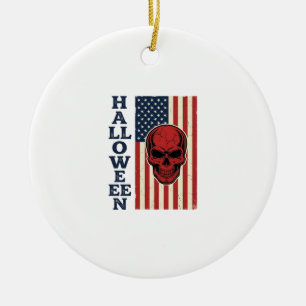 Halloween Skull Patriotic Vintage Scary Flag_1 Ceramic Ornament