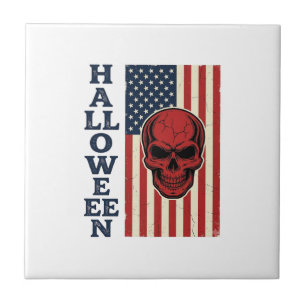 Halloween Skull Patriotic Vintage Scary Flag_1 Ceramic Tile