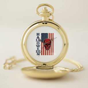 Halloween Skull Patriotic Vintage Scary Flag_1 Pocket Watch