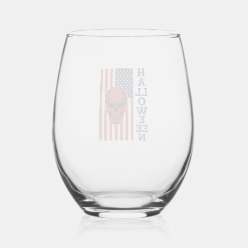 Halloween Skull Patriotic Vintage Scary Flag_1 Stemless Wine Glass