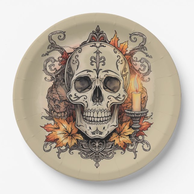 Halloween,Skull Pattern, Candlelight Calavera, Paper Plates (Front)