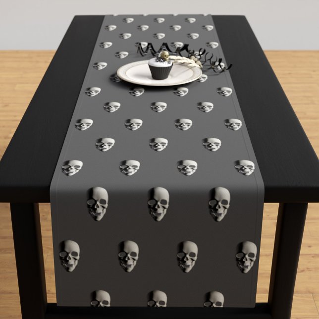 Halloween Skull Pattern Grey Spooky Table Runner (A spooky skull pattern table runner perfect for your Halloween Party)