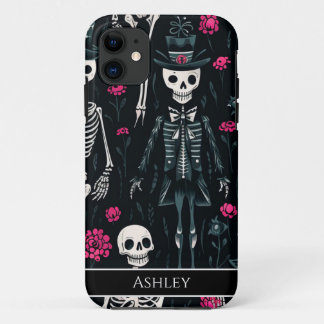 Halloween Skull Pink Roses Top Hat Personalized iPhone 11 Case