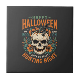 Halloween Skull Pumpkin Hunting Night Design_1 Ceramic Tile