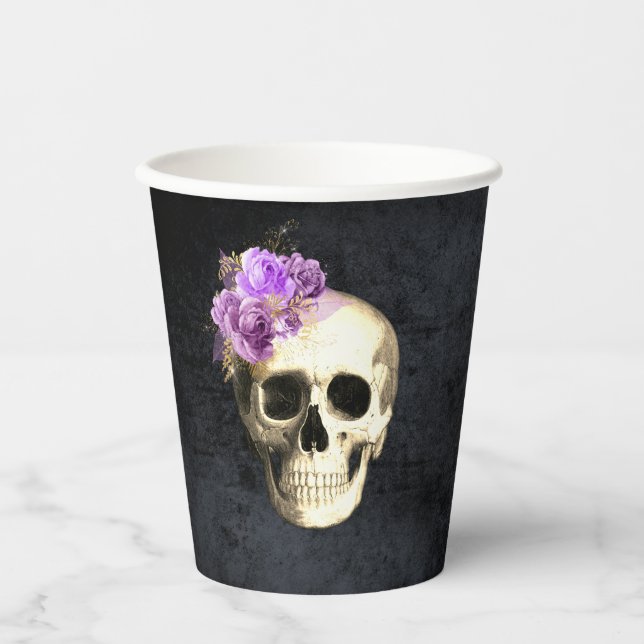 Halloween Skull Purple Roses Paper Cups (Front)