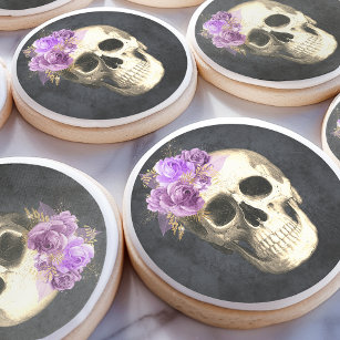 Halloween Skull Purple Roses Sugar Cookie