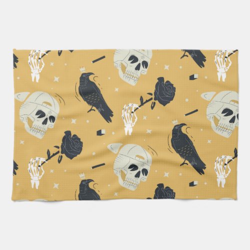 Halloween Skull Raven Crow Pattern Cute Gift Kitchen Towel