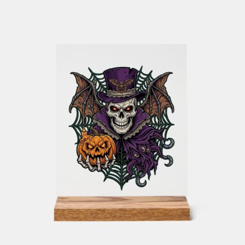 Halloween Skull Top Hat Bat Wings Pumpkin Spider W Acrylic Sign