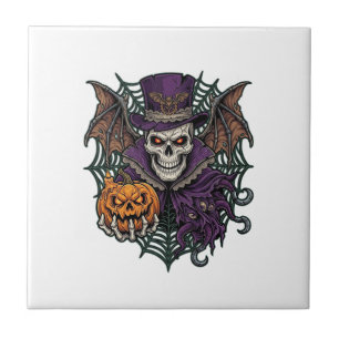Halloween Skull Top Hat Bat Wings Pumpkin Spider W Ceramic Tile