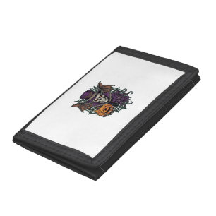Halloween Skull Top Hat Bat Wings Pumpkin Spider W Tri-fold Wallet