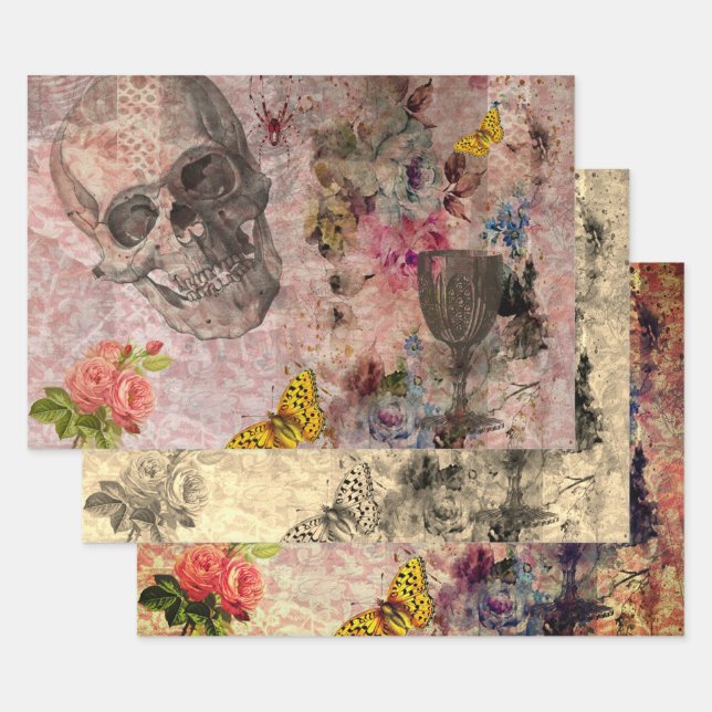 Halloween Skull, Wine Glass and Yellow Butterfly Wrapping Paper Sheets (Set)