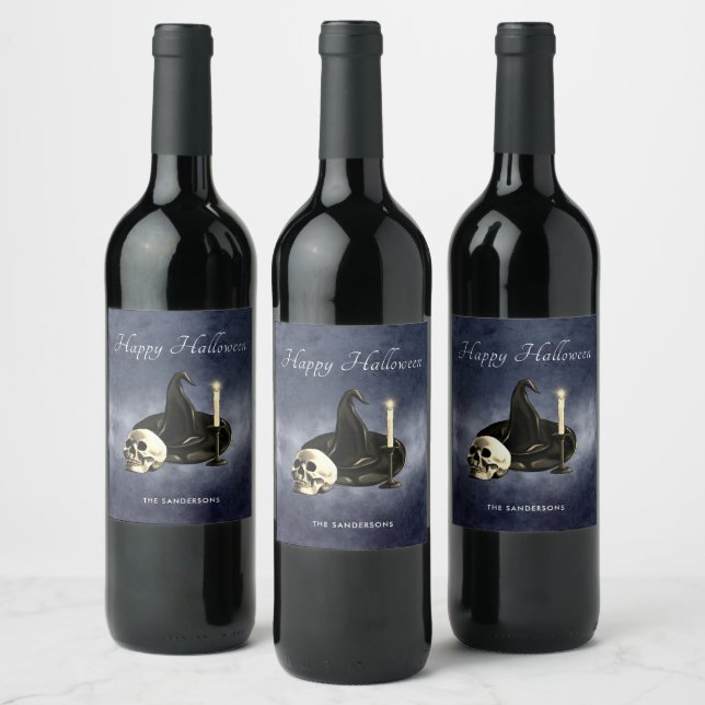  Halloween Skull Witch Hat Candle Personalized  Wine Label (Bottles)