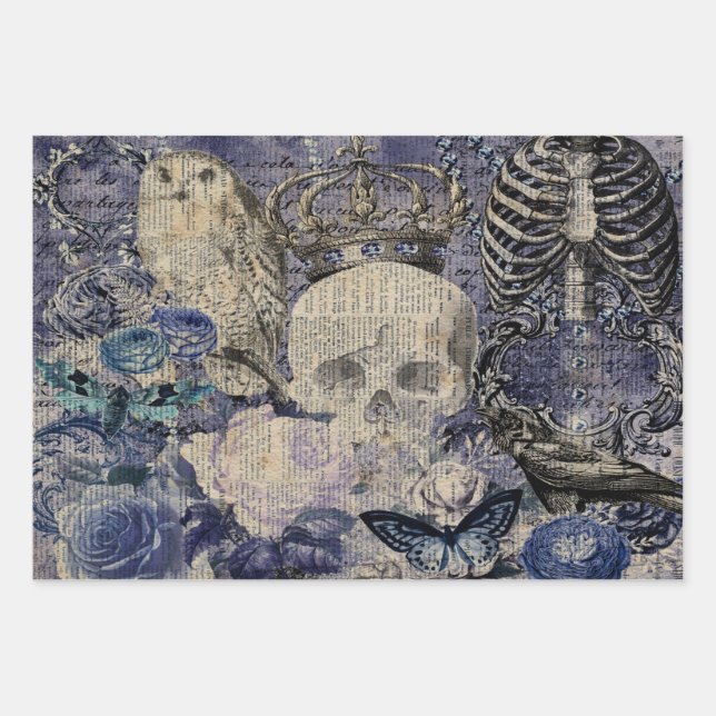 Halloween Skull with crown and owl Wrapping Paper Sheets (Front)