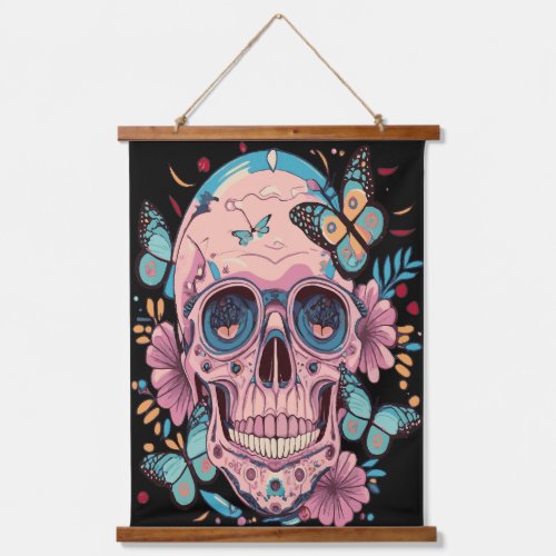 Halloween Skull With Flowers And Butterflies Hanging Tapestry