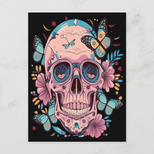 Halloween Skull With Flowers And Butterflies Postcard