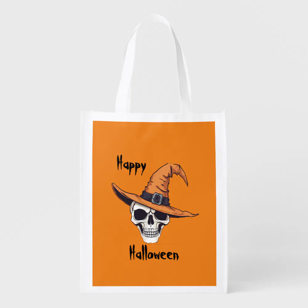 Halloween Skull with hat Grocery Bag