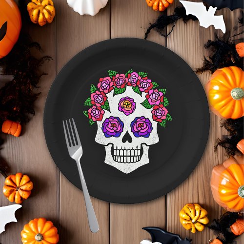 Halloween Skull with Roses Paper Plates