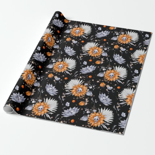 Halloween skulls and flowers seamless pattern wrapping paper
