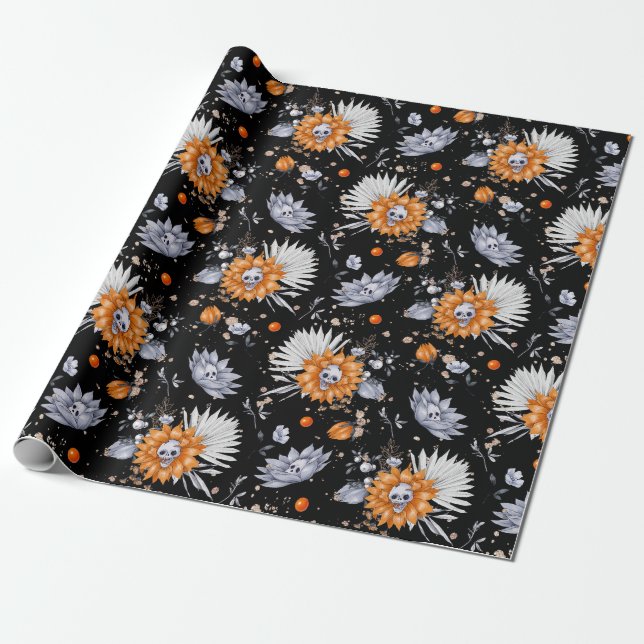 Halloween skulls and flowers seamless pattern wrapping paper (Unrolled)