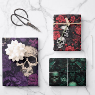 Halloween Skulls and Flowers Wrapping Paper Sheets