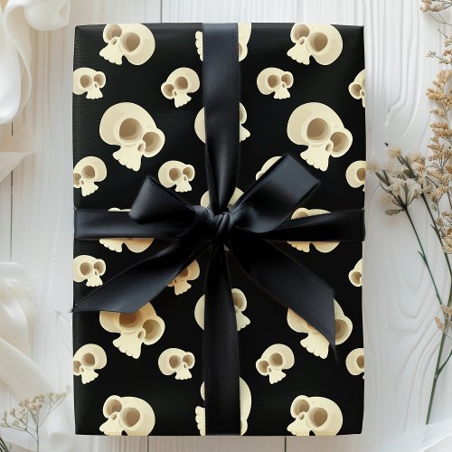 Halloween Skulls Black White Scary Pattern Wrapping Paper